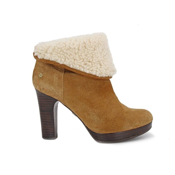 UGG ‘Dandylion II’ Suede Sheepskin Foldover Shearling Heeled Booties in Chestnut - Picture 2 of 10